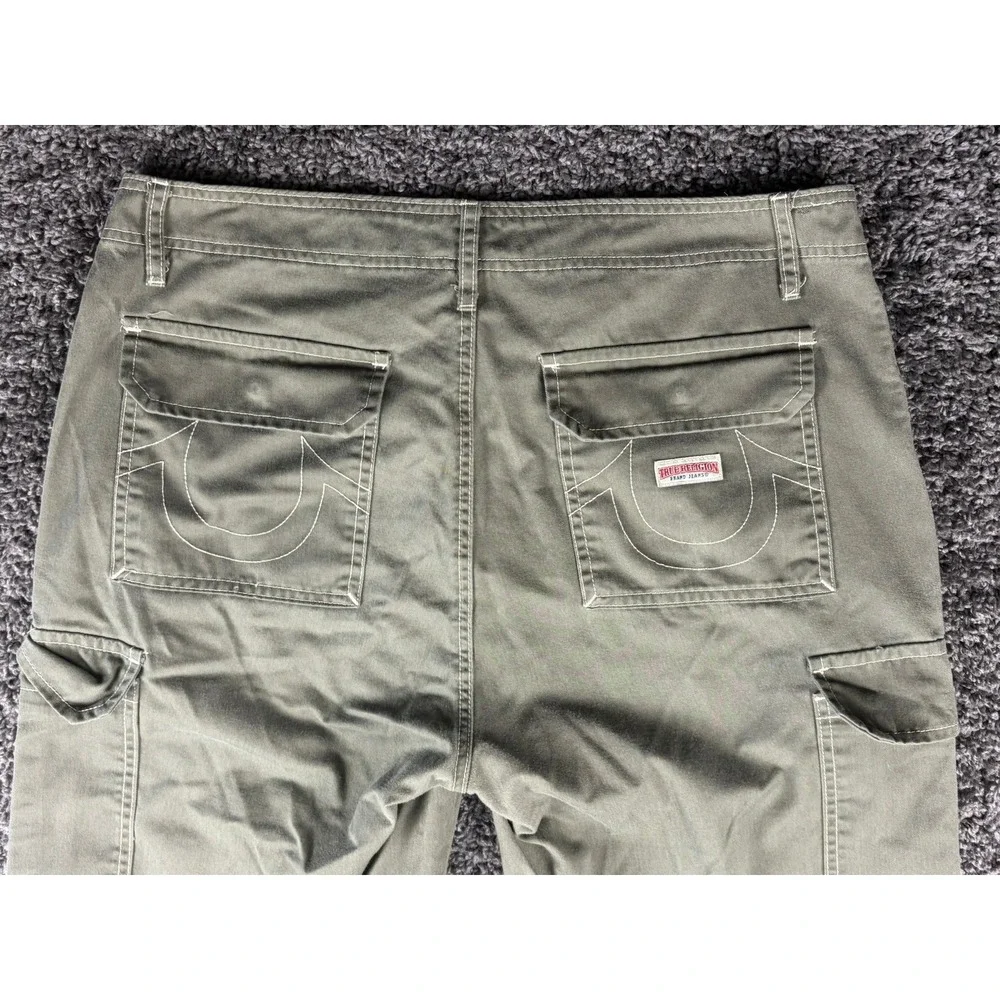 True Religion Mens Cargo Pants Olive Green Straight Leg Contrast Stitch Size 34